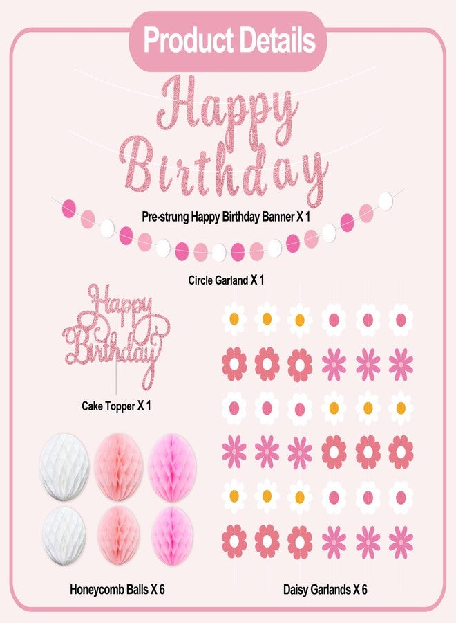 TMTECHJS Pink Daisy Birthday Decorations Pre-Strung Happy Birthday Banner with Honeycomb Balls Cake Topper Pink Flower Hanging Swirls Circle Dots Garland - Image 2